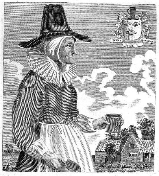 Esta imagen es un grabado histórico del siglo XVII que representa a "Mother Louse", una famosa tabernera de Oxford.