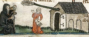 Manuscrito medieval: una figura cuelga una escoba junto a la puerta de la casa, la señal que anunciaba cerveza fresca para vender.