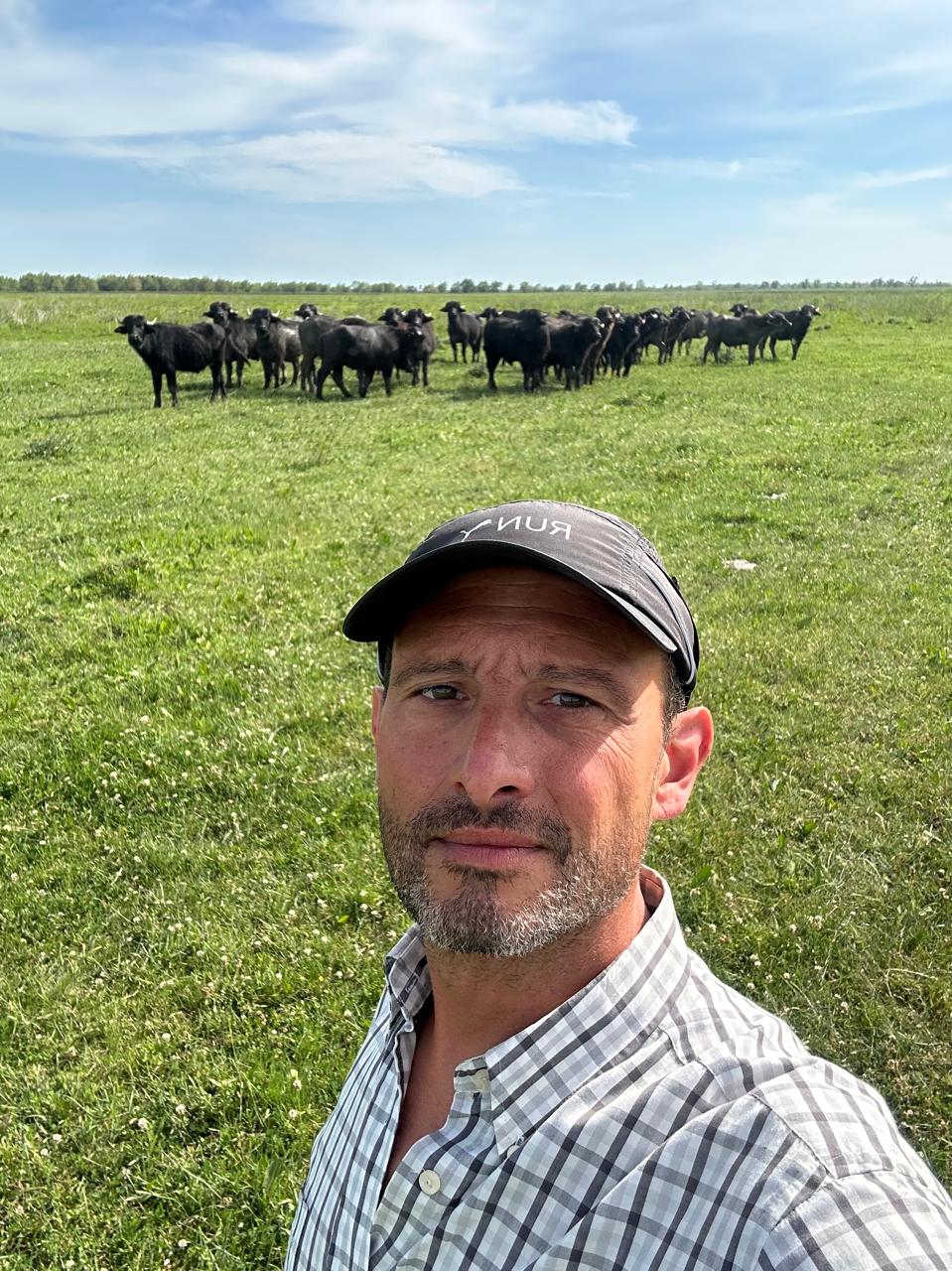 Armando Cadopi con el rodeo de búfalos de La Filiberta